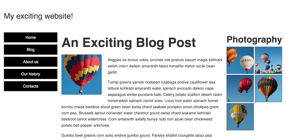 Finished rwd task website widescreen layout. A logo at the top, followed by three columns, vertical nav menu on the left, text content in the center, and a photo gallery on the right.