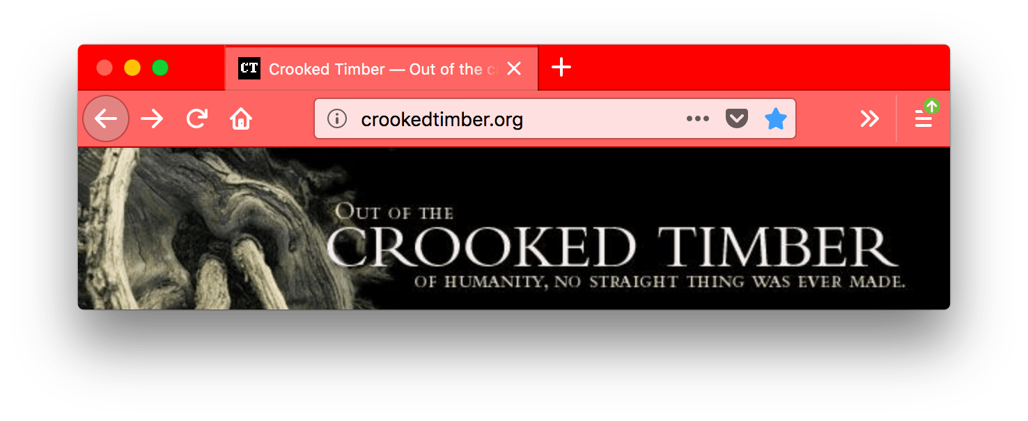 Browser Firefox ist rot mit weißem Text. Die Tabs des Browsers sind hellrot, ebenfalls mit weißem Text. Die URL-Leiste ist sehr hellrot mit schwarzem Text.