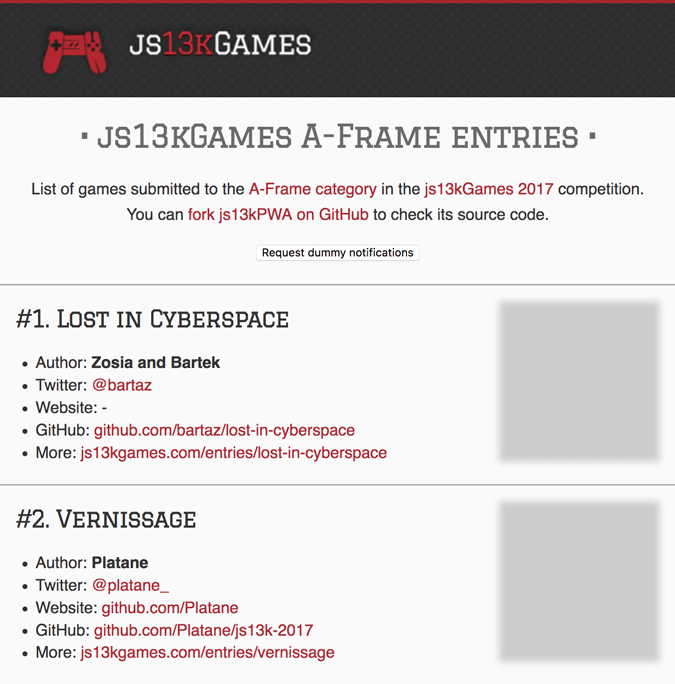 Screenshot von Platzhalterbildern in der js13kPWA App.